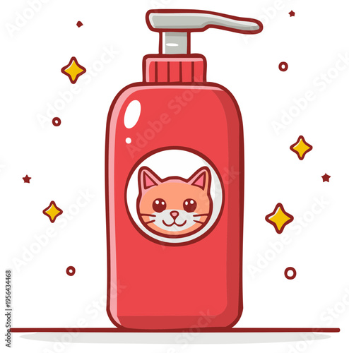 Illustration of Red Bottle with Cat Face Pet Shampoo and Soap Packaging