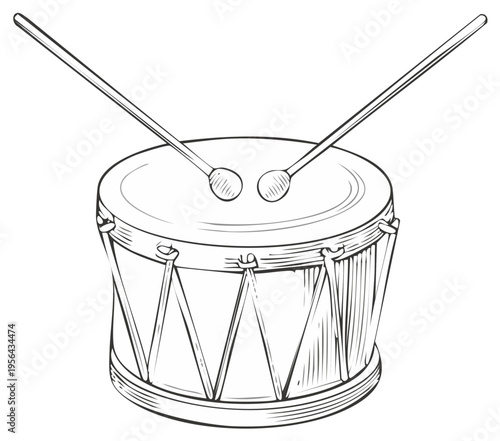 Detailed line art illustration of a drum with drumsticks for musical performance instrument