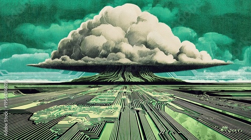 A massive storm cloud looming over a fragile circuit board, symbolizing technological vulnerability.