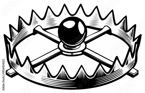 Metal animal trap with spiked jaws and central sphere illustration