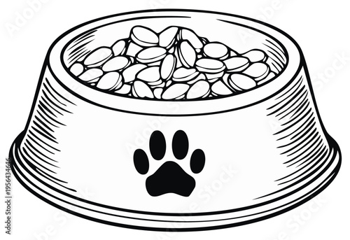 Illustrated dog food bowl with paw print symbol, filled with kibble, monochrome.