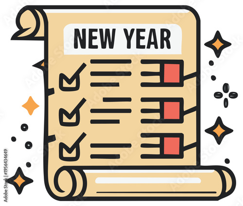 New Year's resolution checklist with check marks and decorative elements.