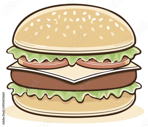 Juicy cartoon cheeseburger illustration with fresh lettuce, tomato, and a sesame seed bun