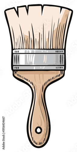 Illustration of a Flat Paint Brush with Wooden Handle and Silver Band
