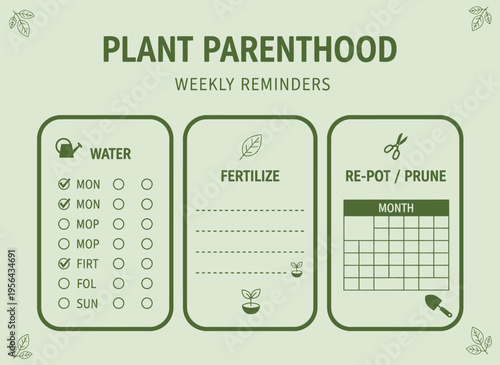 A gardening checklist displays water, fertilize and re-pot/prune reminders on a plant parenthood chart with icons.