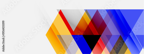 Abstract geometric shapes overlap, creating dynamic colorful composition. Bright hues contrast with white background. Modern design.