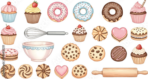 Vector Illustrated Bakery Sweets and Baking Tools Collection