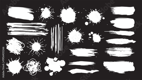A high-impact collection of white grunge textures on a dark background, featuring realistic paint splatters, aggressive brush strokes, and messy ink blots.