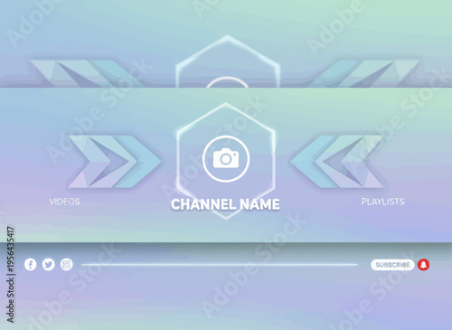YouTube channel banner with social media icons and a play button