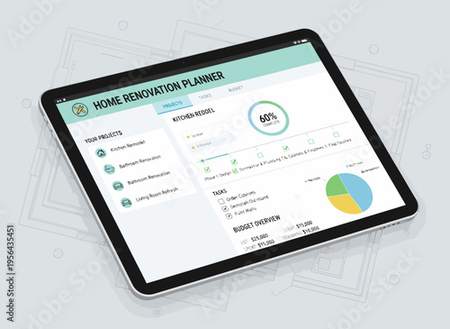 A home renovation planner on a tablet screen displays a digital interface with graphs and charts in a modern setting.