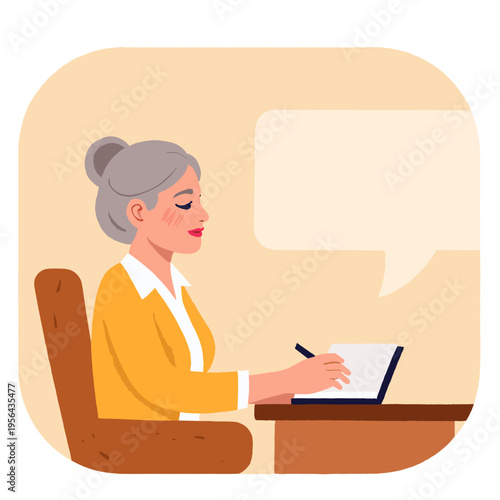 Elderly woman writing in notebook while sitting at a desk. Elderly set