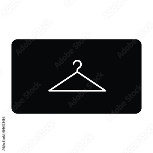 Simple white coat hanger icon on black rectangular background with rounded corners minimalist design clean and modern aesthetic perfect for clothing and fashion concepts