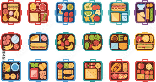 Colorful Lunch Box Food Collection Vector Set Featuring Healthy Meals, Sandwiches, Fruits, Snacks, and School Bento Containers in Flat Cartoon Style Illustration
