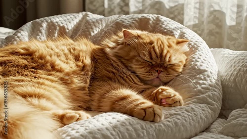 fluffy orange cat sleeping peacefully on a soft textured bed