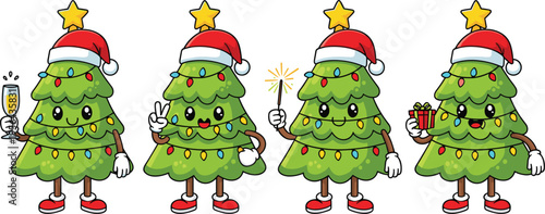 Set of cute cartoon Christmas tree characters wearing Santa hats holding gifts and sparklers isolated on white background for holiday seasonal greeting card design