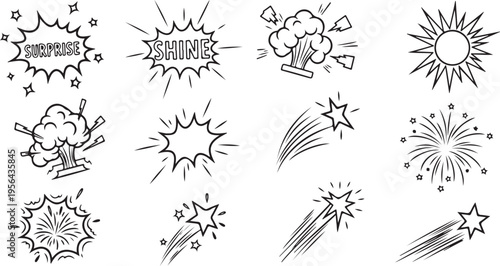 A dynamic collection of hand-drawn action elements in a sketchy comic book style. Featuring expressive explosions, whimsical shooting stars, solar flares, and festive firework bursts.