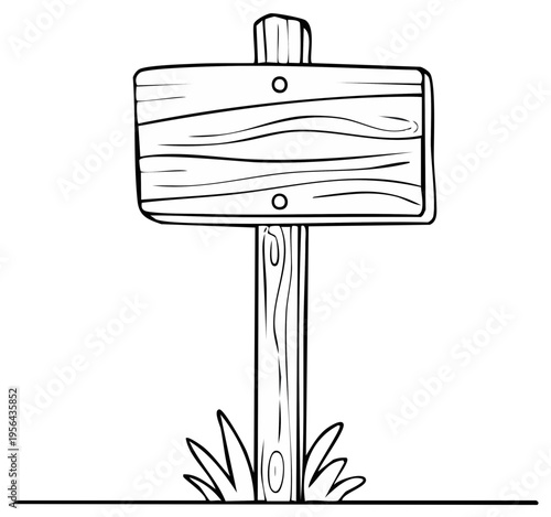 Rustic Wooden Signpost in Grassy Field Hand Drawn Outline