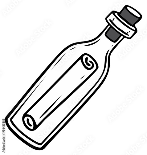 Hand drawn cartoon bottle with rolled up message inside corked glass