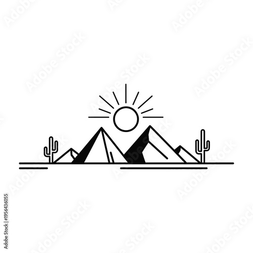 Desert landscape with mountains cacti and sunrise in black and white line art style