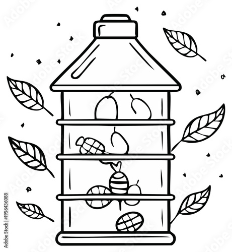 Hand Drawn Illustration of a Fruit Fly Trap with Insects and Leaves