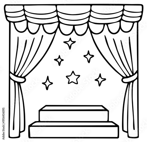 Black and white illustration of stage with curtains, stars, and tiered platform for performance or presentation