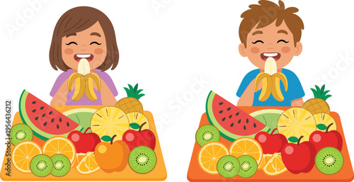Happy kids eating fruits cartoon vector illustration, children enjoying healthy food with banana, watermelon, apple and citrus, nutrition concept, colorful fresh fruit collection