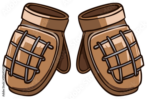 Cartoon illustration of a pair of brown leather ice hockey mittens with a gray grid pattern detail