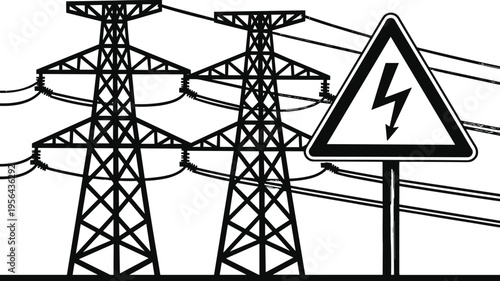High voltage power lines with transmission towers and electric danger warning sign, energy infrastructure concept, black silhouette vector illustration isolated on white background
