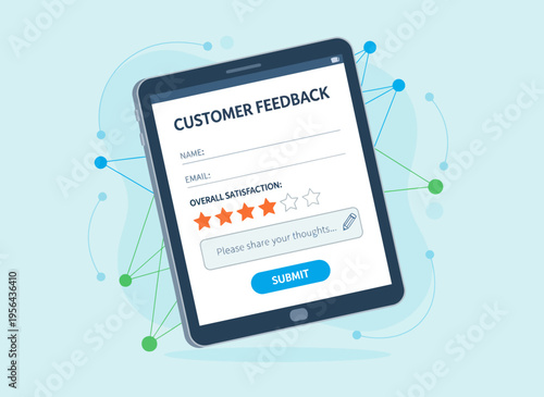 A tablet displays a customer feedback form with a rating system and submit button.