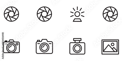 Photography Icon Set Featuring Aperture, Flash, Camera, and Gallery Line Art