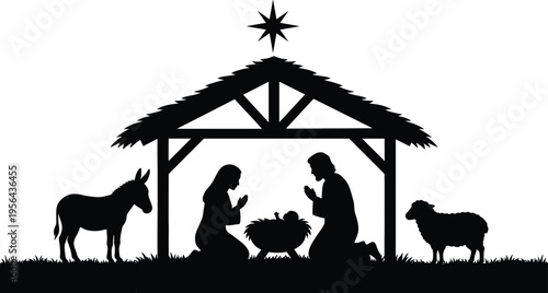 Nativity scene silhouette with baby Jesus, Mary and Joseph in manger, Christmas religious concept, star above stable, animals surrounding holy family illustration isolated on white background