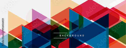 Abstract geometric shapes overlap, creating vibrant colorful background. Modern design features layered triangles, squares, rectangles.