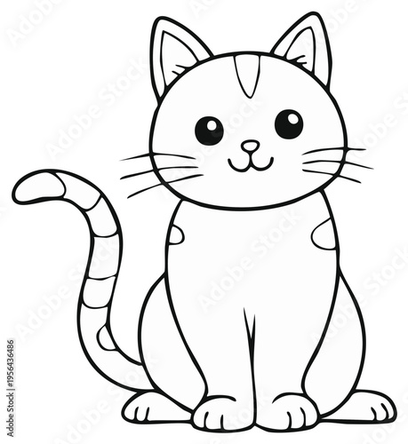 Cute cartoon kitten sitting and smiling with happy expression simple line art illustration