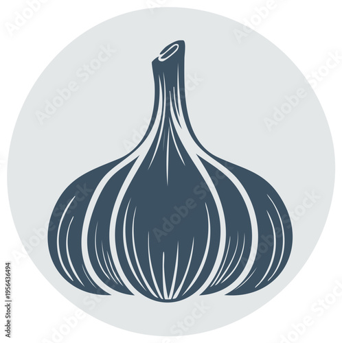 Stylized graphic illustration of a single bulb of garlic with clean lines