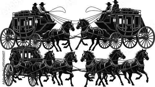 Vintage wild west stagecoach vector silhouettes set featuring horse drawn carriages with drivers and galloping horses for western themed graphic design projects