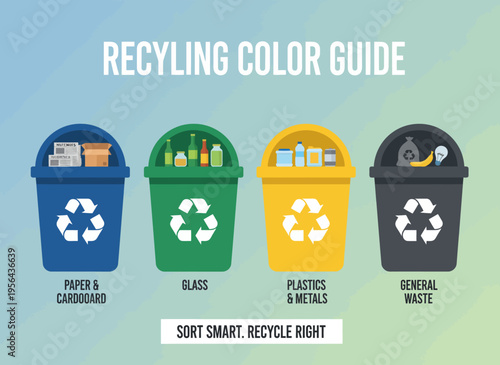 A recycling color guide illustrates four trash bins with labeled recycling materials.