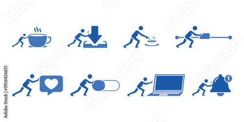 Sisyphus Digital Labor Concept Set, Modern Man Pushing Giant Internet Icons, Social Media Addiction and Burnout Vector Illustration