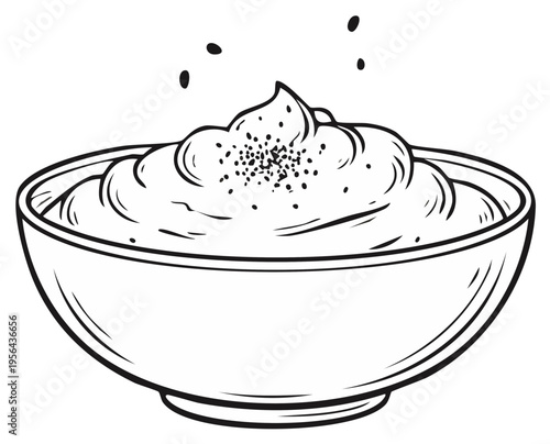 Hand-drawn illustration of creamy dip with seeds in a bowl