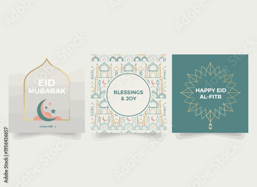 Eid Mubarak and Happy Eid Al-Fitr celebration cards with blessings and joy designs
