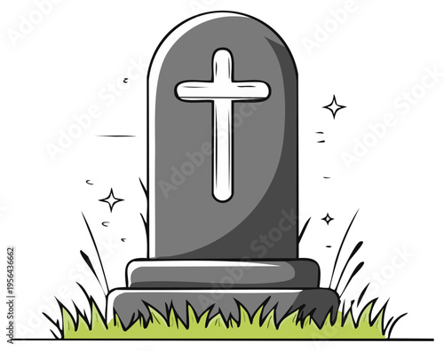 Gravestone with Cross Illustration Peaceful Burial Site Commemoration Symbol