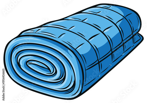 Blue Quilted Sleeping Bag Rolled Up Outdoor Camping and Travel Gear Vector