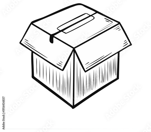 Open cardboard box with flap and slot for contents, hand-drawn sketch style illustration