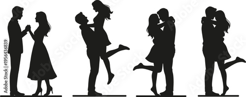 Set of romantic couple silhouettes in different poses, love and relationship concept, hugging kissing lifting moments, affection and intimacy illustration isolated on white background