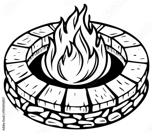 Stone Fire Pit Ring with Flames Illustration Outdoor Bonfire Burning Campfire Graphic Hand Drawn