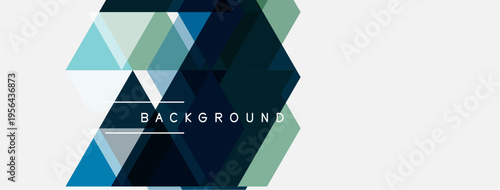 Abstract geometric shapes create modern background. Blue, green hues dominate design, simple text overlay present. Minimalist aesthetic.