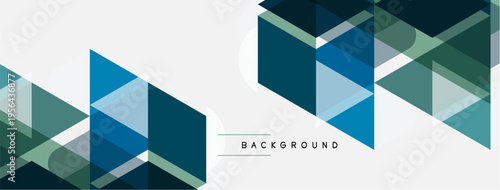 Geometric shapes overlap, creating modern abstract background. Blue, green, gray tones dominate design. Minimalist aesthetic present.