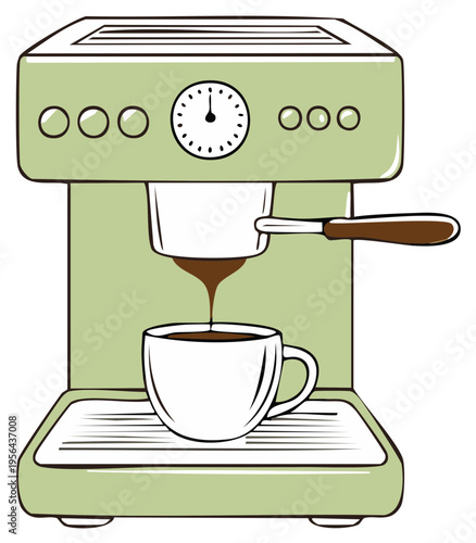 Illustration of a coffee machine brewing espresso with a cup of coffee
