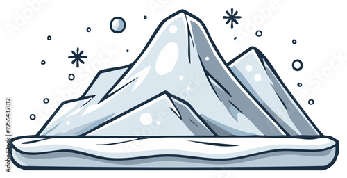 Cartoon snowy mountain range with falling snowflakes and icy ground