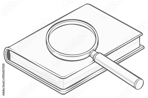 Isometric line art icon of a magnifying glass resting on a book symbolizing research and investigation