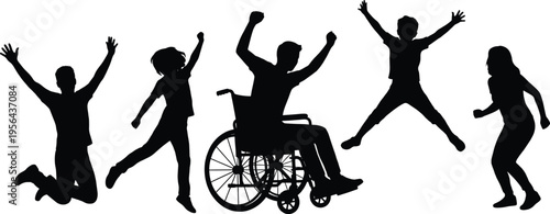 Silhouette of diverse people including wheelchair user jumping and celebrating, inclusion and diversity concept, happiness and freedom, active lifestyle illustration isolated on white background